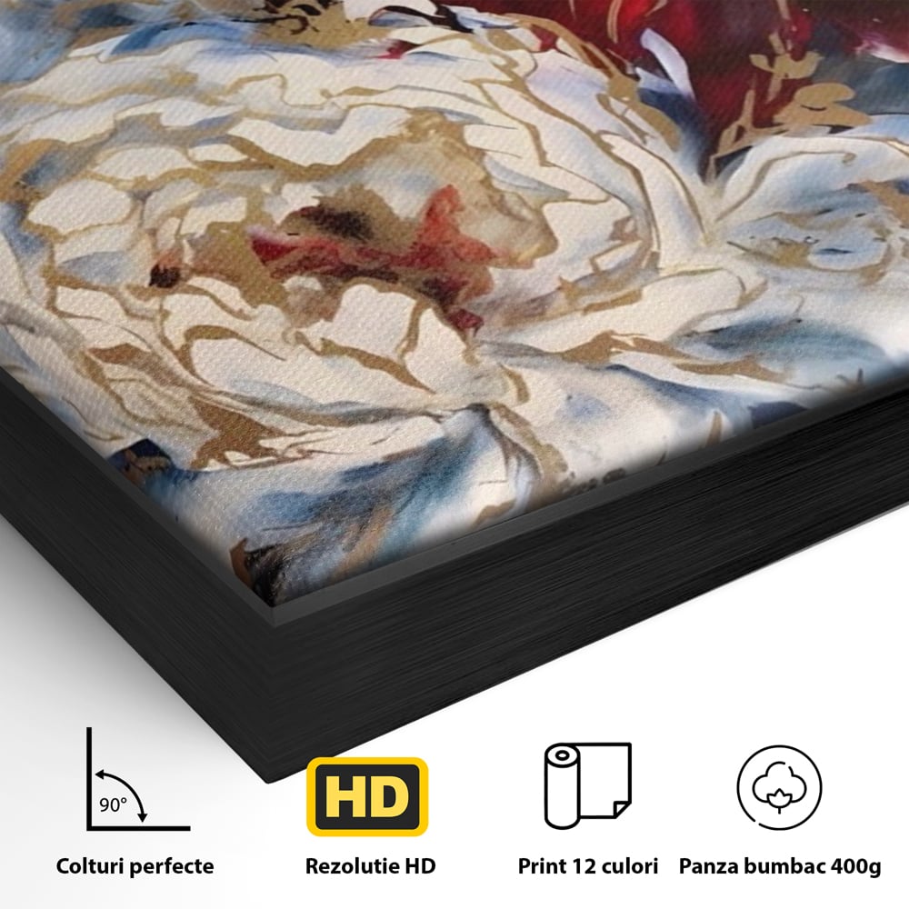 Detaliu al suprafetei: tablou canvas cu trei bujori si foita aurie, in rama de aluminiu negru